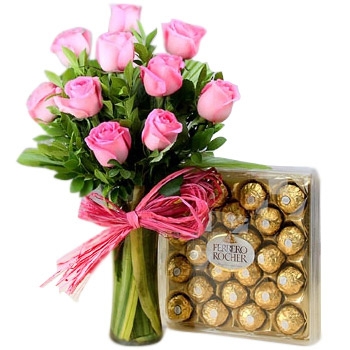 Pink Roses in a Vase with Chocolates 